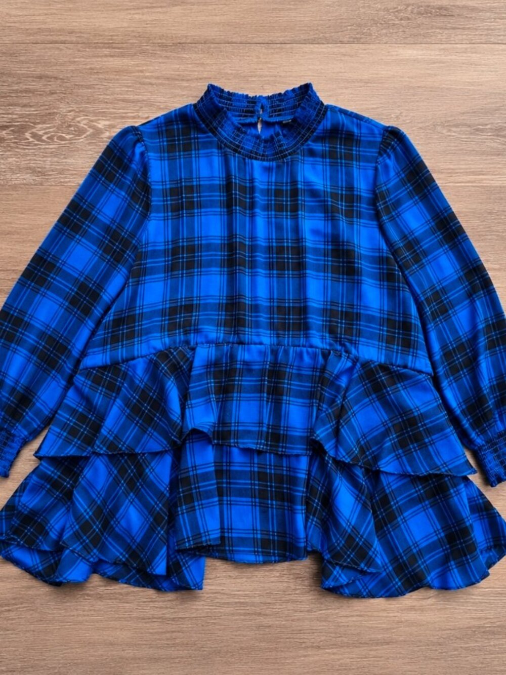 Torrid Blue & Black Plaid Chiffon Ruffle Blouse Size 5 (5X)